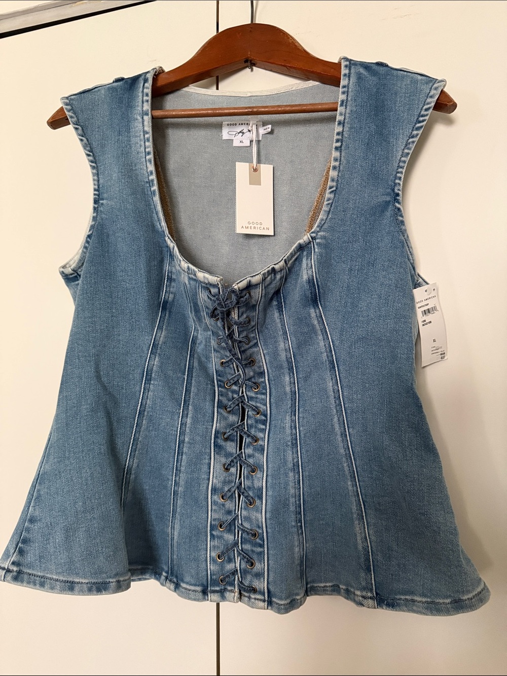 Good American Dolly Lace Up Denim Peplum Top